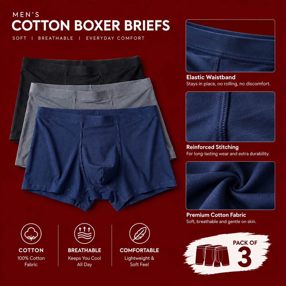 FABROi Mens premium cotton boxers (pack of 3)